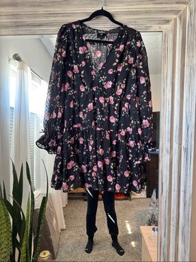 Lulu's Black Floral Sheer Long-Sleeve Dress with Pink Rose Print